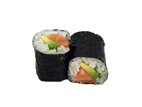 SAUMON AVOCAT MAKI: Maki sushi de saumon frais et avocat crémeux, enroulé dans du riz et nori.