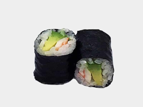 EBI AVOCAT MAKI: 6 pièces de hosomaki aux crevettes cuites et avocat, roulés dans du riz et nori.