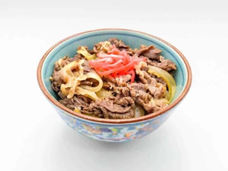 GYUDON: Bol de riz garni de fines tranches de bœuf et oignons, mijotés dans une sauce sucrée-salée.