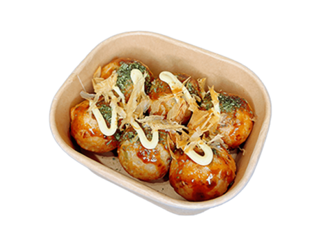 TAKOYAKI: Boulettes de poulpe Takoyaki, dorées et croustillantes avec une garniture tendre.